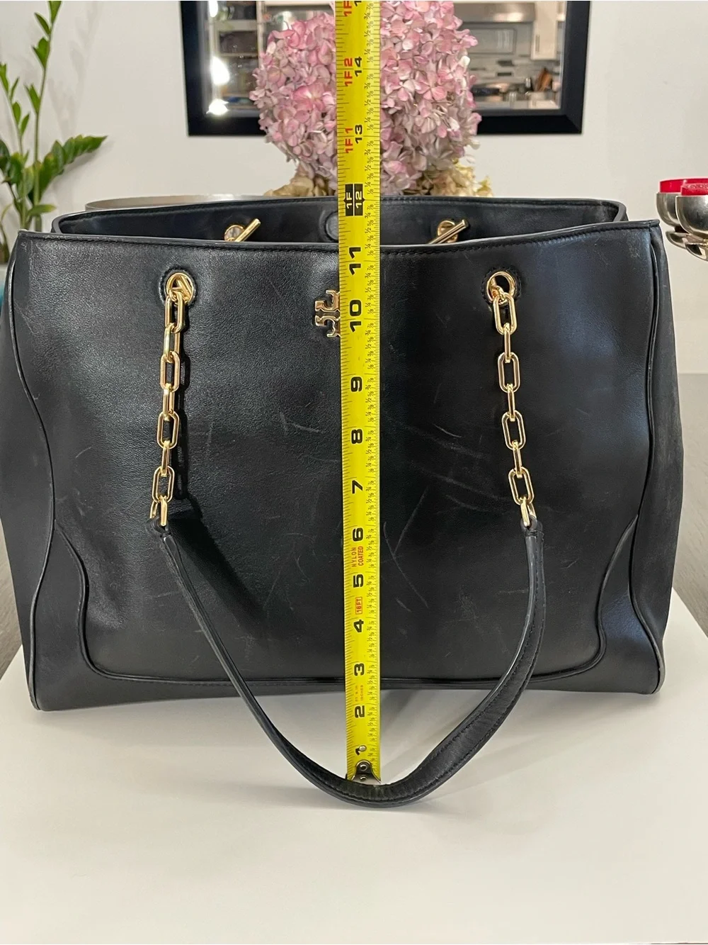 Tory Burch Black Leather Chain Tote Shoulder Bag Large Gold Logo Authentic